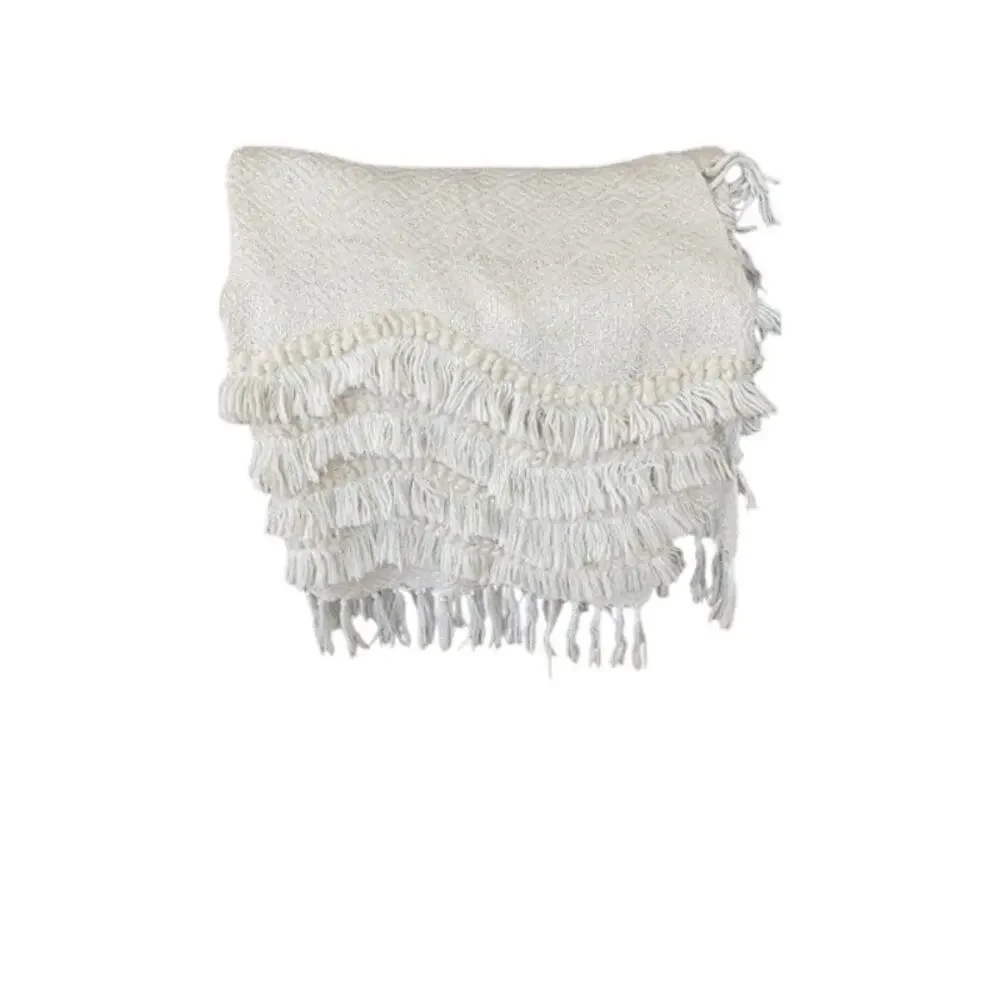 Rachel Zoe Home Throw Blanket Cream Beige Woven Fringe Tassel Boho Textured